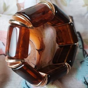 Thick Chunky Tortoise Segment Gold Tone Accents Stretch Vintage Bracelet EUC